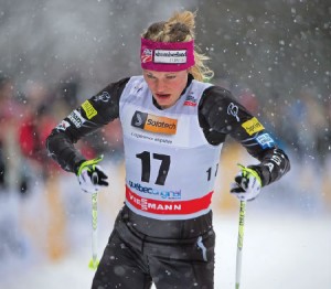 Jessie Diggins, U.S. Ski Team and SMS T2 team member, at the World Cup in Quebec. She teamed up with Kikkan Randal to win the team sprint, the first-ever U.S. relay gold. PHOTO: FLYINGPOINTROAD.COM