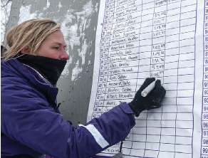Heidi McGee lists times on the scoreboard, a finger-numbing task.