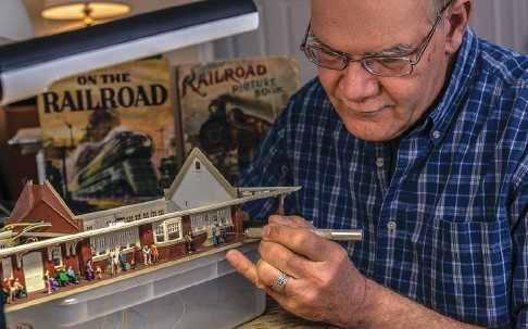 Schaub often creates historically-researched dioramas depicting the architecture of the time when the train upon which the model is based was actually running.